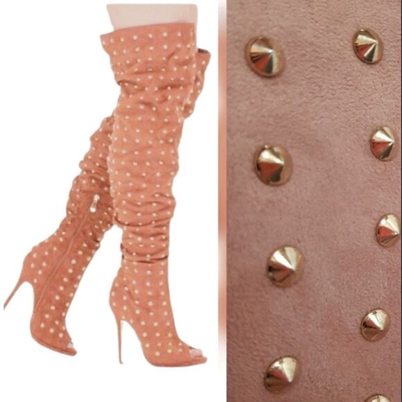 Liliana Vegan Suede Over the Knee Golden Tacks Peep Toe Boots - Picture 1 of 10